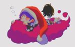  1girl blush capelet chibi closed_eyes doremy_sweet dress full_body grey_background hat long_sleeves lying minamia23 nightcap on_stomach pom_pom_(clothes) purple_hair red_headwear short_hair simple_background sleeping smile solo tail tapir_tail touhou 
