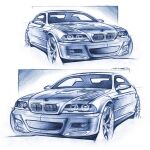  2022 adrian_jaworski blue_theme bmw bmw_m3 car highres ink_(medium) monochrome motor_vehicle multiple_views no_humans original signature sports_car traditional_media vehicle_focus 