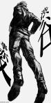  1boy absurdres facing_away from_below full_body gojou_satoru greyscale hands_on_own_hips highres jacket jujutsu_kaisen kuwoniagyu11112 long_sleeves male_focus monochrome pants shoes short_hair simple_background solo spiked_hair translation_request twitter_username 