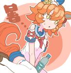  1girl :o animal_ears blue_sailor_collar bottle ear_covers hair_between_eyes horse_ears horse_girl horse_tail matikanefukukitaru_(umamusume) neckerchief open_mouth orange_hair orange_tail red_neckerchief sailor_collar school_uniform serafuku shirt short_hair short_sleeves sicky_(pit-bull) single_ear_cover solo tail thighhighs umamusume water_bottle white_shirt white_thighhighs yellow_eyes 