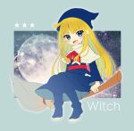  1girl blonde_hair blue_border blue_eyes blue_footwear blue_headwear blue_robe blush border broom broom_riding capelet character_name dot_nose full_moon kashima_miyako long_hair looking_at_viewer moon neckerchief puyopuyo red_neckerchief robe solo white_capelet witch witch_(puyopuyo) 