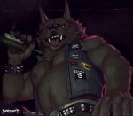  acidwuff alcohol anthro beer beverage body_hair bracelet canid canine canis chain clothing happy_trail hi_res jewelry looking_at_viewer looking_down male mammal nipple_piercing nipples pecs piercing solo spiked_bracelet spikes teeth tongue tongue_out topwear vest were werecanid werecanine werewolf wolf 