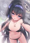  1girl absurdres black_hair blue_archive blush breasts hair_between_eyes hairband halo highres long_hair looking_at_viewer official_alternate_costume open_mouth ponytail purple_eyes purple_hairband small_breasts solo tagme ui_(blue_archive) ui_(swimsuit)_(blue_archive) yeosi 