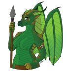  anthro big_breasts breasts clothed clothing countershading dragon featureless_breasts female frill_(anatomy) gold_scales green_body green_scales hi_res leaf_wings leafwing_(wof) loincloth_only looking_at_viewer lunula_(artist) melee_weapon membrane_(anatomy) membranous_frill mostly_nude mostly_nude_female multicolored_body multicolored_scales navel non-mammal_breasts non-mammal_navel polearm scales solo spear spines sundew_(wof) topless tribal weapon wings wings_of_fire 
