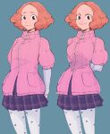  1girl bob_cut breasts brown_eyes comparison cowboy_shot highres leggings medium_breasts medium_hair okumura_haru persona persona_5 pink_sweater plaid plaid_skirt plow_(witch_parfait) red_hair shirt_tug simple_background skirt smug sweater white_leggings white_sleeves zipper 