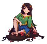  1girl barefoot black_hair blue_shorts feet full_body green_shirt horns knee_up long_hair nippaku_zanmu oni_horns red_eyes sandals shirt short_sleeves shorts skull solo speckticuls toes touhou transparent_background unfinished_dream_of_all_living_ghost wide_sleeves 