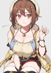  1girl atelier_(series) atelier_ryza atelier_ryza_1 bare_shoulders beret blush breasts brown_eyes brown_hair cleavage commentary gloves grey_background hair_ornament hairclip hand_up hat highres jewelry large_breasts looking_at_viewer necklace peach11_01 red_shorts reisalin_stout short_hair short_shorts shorts simple_background smile solo star_(symbol) thick_thighs thighhighs thighs white_headwear 