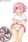  1girl absurdres artist_name ass_visible_through_thighs blush bow bow_panties bra_strap breasts breath cat_symbol closed_eyes clothes_lift collarbone commentary doki_doki_literature_club electric_fan english_commentary fang fanning_self feet_out_of_frame groin hair_ornament hair_ribbon highres hot knees_together_feet_apart lifted_by_self midriff natsuki_(doki_doki_literature_club) navel open_mouth panties patreon_logo patreon_username pink_hair raion_(raionart) raised_eyebrows red_ribbon ribbon shirt short_hair short_sleeves simple_background skirt skirt_lift small_breasts solo standing steam sweat swept_bangs t-shirt thigh_gap two_side_up underwear very_sweaty white_background white_panties white_shirt x_hair_ornament 