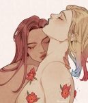  2girls ahageao49 artist_name black_lips blush dc_comics flower harley_quinn highres lips multicolored_hair multiple_girls nose poison_ivy red_hair yuri 