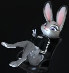  2023 3d_(artwork) anthro barefoot black_background black_clothing bottomless butt claws clothed clothing digital_media_(artwork) disney eyebrows eyelashes feet female fingers fur gesture grey_body grey_fur hand_on_hip hi_res judy_hopps knees_together lagomorph legs_up leporid long_ears looking_at_viewer mammal melo multicolored_body multicolored_ears multicolored_fur on_armchair pink_nose purple_eyes rabbit short_tail simple_background sitting smile solo tail teeth toe_claws topwear v_sign white_body white_fur zootopia 
