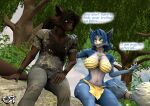  3d_(artwork) absurd_res anthro asa_(psikokinetic) black_hair blue_body blue_fur blue_hair bottomwear bra breasts brown_body brown_fur canid canine canis clothed clothing denim denim_clothing dialogue digital_media_(artwork) duo female forest fox fur hair hand_on_shoulder hi_res jeans jewelry krystal loincloth male male/female mammal markings navel necklace nintendo open_mouth outside pants plant ponytail psikokinetic shirt sitting source_filmmaker star_fox tail tattoo text topwear tree underwear warfare_machine white_body white_fur 