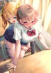  2girls ayanakitori bar_censor blue_eyes blue_skirt blush bow breasts brown_hair censored classroom collared_shirt desk erection futanari hair_between_eyes hand_on_another&#039;s_thigh handjob highres indoors large_breasts motion_lines multiple_girls open_mouth orange_hair original panties panty_pull penis pleated_skirt purple_eyes reach-around red_bow school_uniform shirt short_hair sidelocks skirt sweat textless_version two_side_up underwear white_panties white_shirt 