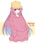  1girl adapted_costume baseball_cap brown_eyes cowboy_shot dress gradient_hair grin hands_in_pockets hat hood hooded_dress hooded_sweater kamikaze_(kancolle) kantai_collection koito_(shi_marl_marl) long_hair multicolored_hair one-hour_drawing_challenge purple_hair red_dress red_sweater smile solo sweater sweater_dress yellow_headwear 