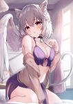  1girl animal_ears blush breasts brown_jacket cat_ears cat_tail cleavage collarbone feathered_wings grey_hair hair_between_eyes highres jacket kishin_sagume large_breasts long_sleeves navel niko_kusa open_clothes open_jacket parted_lips red_eyes short_hair single_wing solo tail touhou white_wings wings 