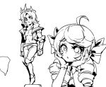  1boy 1girl :o ahoge blush bow collarbone crown drill_hair full_body gloves greyscale gwen_(league_of_legends) hair_bow hands_up league_of_legends long_hair looking_at_another medium_hair monochrome multiple_hair_bows pants phantom_ix_row shoulder_plates standing twin_drills viego_(league_of_legends) wrist_bow 