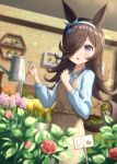  1girl :o animal_ears apron black_hair blouse blue_hairband blue_ribbon blue_shirt blurry blurry_background blurry_foreground blush brown_apron commentary_request darepaso depth_of_field eyelashes flower flower_pot hair_ornament hair_over_one_eye hairband hairclip hands_up highres holding holding_watering_can horse_ears horse_girl horse_tail indoors leaf lens_flare long_hair long_sleeves looking_at_viewer neck_ribbon one_eye_covered open_mouth orange_flower parted_bangs pink_flower plant pocket potted_plant purple_eyes red_flower red_rose ribbon rice_shower_(umamusume) rose shelf shirt sidelocks solo standing swept_bangs tail tulip umamusume watering_can yellow_flower 