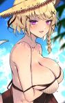  1girl arknights arm_under_breasts bare_shoulders bikini blonde_hair blue_sky blush braid breasts cloud collarbone commentary_request day hair_ornament hairclip hat highres kyuu_(plastic_night_q) large_breasts long_hair looking_at_viewer outdoors purple_eyes single_braid sky solo strap_slip straw_hat striped striped_bikini swimsuit tongue tongue_out utage_(arknights) utage_(summer_flowers)_(arknights) vertical-striped_bikini vertical_stripes x_hair_ornament yellow_headwear 