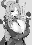  1girl absurdres between_breasts black_gloves blue_archive bra breasts cleavage demon_horns feet_out_of_frame gigantic_breasts gloves halo highres horns huge_breasts large_breasts long_hair minoru_amayi mole mole_under_eye monochrome necktie satsuki_(blue_archive) smile solo translation_request underwear 