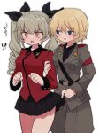  !? ^^^ anchovy_(girls_und_panzer) anzio_military_uniform arm_grab belt black_belt black_necktie black_ribbon black_shirt black_skirt blonde_hair blue_eyes blush braid clothes_lift commentary constricted_pupils cosplay costume_switch darjeeling_(girls_und_panzer) dress_shirt drill_hair female_pervert frown girls_und_panzer green_hair grey_jacket grey_pants hair_ribbon half-closed_eyes highres jacket lifted_by_another long_hair long_sleeves looking_at_another military_uniform miniskirt necktie open_mouth pants pervert pleated_skirt red_eyes red_jacket ri_(qrcode) ribbon sam_browne_belt shirt short_hair simple_background skirt skirt_lift smirk st._gloriana&#039;s_military_uniform standing surprised twin_braids twin_drills twintails uniform white_background wing_collar 