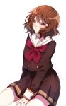  1girl brown_eyes brown_hair brown_jacket brown_skirt hibike!_euphonium highres jacket kitauji_high_school_uniform long_sleeves nervous oumae_kumiko sae_(renkyuuake) school_uniform short_hair sitting skirt solo thighs white_background 