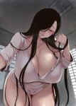  1girl black_hair breasts cleavage commentary_request grey_eyes hair_over_one_eye highres huge_breasts long_hair looking_at_viewer nakamura_regura naked_shirt original outstretched_arm shirt shouji sliding_doors smile sweat thighs very_long_hair white_shirt 