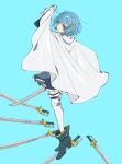  1girl blue_background blue_eyes blue_footwear blue_hair blue_skirt cape cape_lift expressionless head_tilt highres hyamoo looking_at_viewer mahou_shoujo_madoka_magica miki_sayaka short_hair skirt solo sword thighhighs weapon white_cape white_thighhighs 