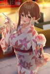  1girl blush breasts brown_eyes brown_hair collarbone floral_print food hair_bun highres japanese_clothes kimono large_breasts long_hair long_sleeves looking_at_viewer obi ol-chan_(udon) open_mouth original sash shaved_ice single_hair_bun smile solo spoon udon_(udonalium) white_kimono wide_sleeves 