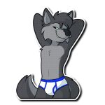  1:1 alpha_channel anthro bedroom_eyes blue_eyes blue_seam_briefs briefs bulge canid canine canis clothing fur grey_body grey_fur hands_behind_head looking_at_viewer male mammal narrowed_eyes nowandlater seductive solo standing sticker tail telegram_sticker underwear white_briefs white_clothing white_underwear wolf zach_the_wolf 