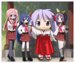  1other 3girls :3 ambiguous_gender arm_behind_back arm_up black_pantyhose black_socks border bow closed_mouth commentary_request cosplay green_eyes hair_bow hakama hand_on_own_hip hand_up highres hiiragi_kagami hiiragi_kagami_(cosplay) hiiragi_tsukasa izumi_konata japanese_clothes kimono kneehighs light_purple_hair loafers long_sleeves lucky_star mascot_costume miko mole mole_under_eye multiple_girls neckerchief open_mouth pantyhose pink_hair pink_neckerchief pleated_skirt purple_eyes purple_hair red_hakama red_sailor_collar red_skirt ri_(qrcode) ryouou_school_uniform sailor_collar school_uniform serafuku shirt shoes short_hair skirt smile socks standing standing_on_one_leg tabi takara_miyuki tareme torii v white_border white_kimono white_shirt white_socks yellow_bow zouri 