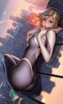  1girl ass bodysuit breasts city gwen_stacy hairband highres hood hood_down large_breasts liang_xing looking_at_viewer marvel medium_hair open_mouth parted_lips signature skin_tight spider-gwen spider-man:_across_the_spider-verse spider-man:_into_the_spider-verse spider-man_(series) spider_web_print tight_clothes wind 
