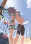  1boy 2girls :d absurdres android arm_up bikini bikini_skirt black_male_swimwear blue_hair blue_one-piece_swimsuit cloud cloudy_sky crossed_arms eyepatch frilled_bikini frills green_bikini green_eyes green_hair grin highres holding holding_umbrella innertube kucheat_zg looking_at_viewer male_swimwear multiple_girls navel one-piece_swimsuit open_mouth outdoors palm_tree pandoria_(beach_date)_(xenoblade) pandoria_(xenoblade) pointy_ears poppi_(xenoblade) short_hair sky smile stomach summer swimsuit tail teeth tora_(xenoblade_2) tree umbrella xenoblade_chronicles_(series) xenoblade_chronicles_2 zeke_von_genbu_(xenoblade) 