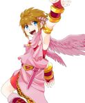  1boy ahoge alternate_color angel angel_wings arm_up armlet belt bike_shorts blue_eyes kid_icarus kid_icarus_uprising kinagi_(3307377) laurel_crown light_brown_hair male_focus open_mouth outstretched_arm pit_(kid_icarus) simple_background super_smash_bros. vambraces white_background wings 