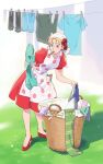  1girl apron battle_tendency blonde_hair blue_eyes clothes_pin clothesline dress fingerless_gloves gloves gloves_removed green_scarf hakmonss jojo_no_kimyou_na_bouken laundry_basket mouth_hold one-piece_thong polka_dot polka_dot_apron red_dress scarf solo striped striped_scarf suzi_q two-tone_scarf 