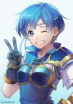  1girl ane-suisei armor blue_eyes blue_hair breastplate collared_shirt fire_emblem fire_emblem:_the_binding_blade looking_at_viewer medium_hair one_eye_closed shanna_(fire_emblem) shirt short_sleeves solo v 