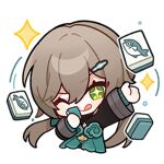  1girl black_sleeves brown_hair chibi english_commentary hair_between_eyes honkai:_star_rail honkai_(series) long_hair long_sleeves looking_at_viewer mahjong official_art one_eye_closed open_hand qingque_(honkai:_star_rail) solo star_(symbol) tongue tongue_out transparent_background twintails 
