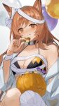  1girl animal_ears arknights bandages bikini black_choker brown_hair candy ceobe_(arknights) choker dog_ears dog_girl fang food halloween halloween_bucket halloween_costume highres holding holding_food licking_lips long_hair nail_polish nanase_(nanase_cg) off_shoulder skin_fang swimsuit tongue tongue_out 