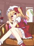  1girl 999_(hansode) ascot back_bow blonde_hair bow column couch crystal flandre_scarlet flower frilled_skirt frilled_sleeves frills hat hat_ribbon head_on_hand knees_together_feet_apart looking_to_the_side mary_janes medium_hair mob_cap on_couch open_mouth painting_(object) pillar pixel_art playing_with_own_hair puffy_short_sleeves puffy_sleeves red_eyes red_flower red_footwear red_ribbon red_skirt red_vest ribbon shoes short_sleeves side_ponytail sitting skirt smile solo touhou vase vest white_headwear wings yellow_ascot 