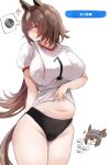  alternate_breast_size anger_vein animal_ears annoyed arm_behind_back beanie black_buruma blush breasts brown_hair buruma cowboy_shot earrings embarrassed gym_uniform hat horse_ears horse_tail inaba_(usanopo) jewelry large_breasts long_hair looking_at_viewer midriff nakayama_festa_(umamusume) navel plump pointing ponytail pout puffy_short_sleeves puffy_sleeves red_eyes short_sleeves simple_background sirius_symboli_(umamusume) solo_focus spoken_squiggle squiggle tail umamusume undersized_clothes white_background 