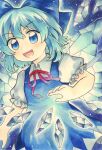  1girl blue_bow blue_dress blue_eyes blue_hair bow cirno collared_shirt dress frilled_sleeves frills hair_bow highres ice ice_wings maa_(forsythia1729) neck_ribbon pinafore_dress puffy_short_sleeves puffy_sleeves red_ribbon ribbon shirt short_hair short_sleeves sleeveless sleeveless_dress smile solo touhou white_shirt wings 