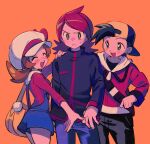  1girl 2boys :d backwards_hat baseball_cap black_hair black_shirt blue_overalls blush brown_hair cabbie_hat closed_eyes closed_mouth cowlick ethan_(pokemon) grey_eyes hand_on_another&#039;s_shoulder hat highres jacket long_hair lyra_(pokemon) multiple_boys ok_ko19 open_mouth orange_background overalls pants pokemon pokemon_(game) pokemon_hgss red_hair shirt short_hair silver_(pokemon) smile teeth twintails upper_teeth_only white_headwear yellow_bag zipper_pull_tab 