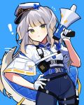  ! 1girl blue_background blue_pants blush commentary dog_tail gloves gradient_hair grey_hair hand_on_own_hip hat holding holding_megaphone long_hair megaphone multicolored_hair nijisanji pants police_hat shioriha_ruri smile solo tail two_side_up very_long_hair virtual_youtuber waka_(wk4444) white_gloves white_hair yellow_eyes 