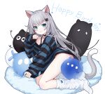  1girl :3 absurdres animal_ears cat_ears cat_girl cat_tail creature full_body grey_hair happy_birthday highres indie_virtual_youtuber long_hair long_sleeves looking_at_viewer loose_socks nachoneko no_pants off_shoulder smile socks striped striped_sweater sweater tail virtual_youtuber white_socks zero_(miraichizu) 