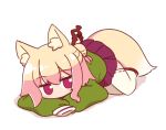  1girl animal_ear_fluff animal_ears blonde_hair fox_ears fox_girl fox_tail full_body green_shirt hair_between_eyes hair_bun hair_ornament kemomimi-chan_(naga_u) long_sleeves looking_at_viewer naga_u original pleated_skirt purple_eyes purple_skirt red_footwear ribbon-trimmed_legwear ribbon_trim shadow shirt sidelocks simple_background skirt sleeves_past_fingers sleeves_past_wrists solo tail thighhighs white_background white_thighhighs zouri 