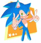  1boy ameusute1002 animal_ears animal_nose blue_fur border fang furry furry_male gloves green_eyes hands_up hedgehog hedgehog_ears hedgehog_tail looking_at_viewer male_focus orange_background outside_border simple_background smile solo sonic_(series) sonic_the_hedgehog standing star_(symbol) tail teeth v white_border white_gloves yellow_background 