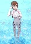  1girl :d blue_eyes bodysuit breasts brown_hair commentary_request covered_navel evangelion:_3.0+1.0_thrice_upon_a_time full_body glasses hairband highres interface_headset long_hair looking_at_viewer makinami_mari_illustrious mamesuke_777 medium_breasts neon_genesis_evangelion official_alternate_costume pilot_suit plugsuit rebuild_of_evangelion red-framed_eyewear smile solo standing standing_on_liquid teeth twintails upper_teeth_only water white_bodysuit 
