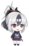  1girl :o azur_lane black_choker black_hair black_sweater blue_archive chibi choker commentary demon_girl demon_horns demon_wings earrings essex_face full_body hair_between_eyes highres hood hooded_sweater horns jewelry kayoko_(blue_archive) long_hair long_sleeves looking_at_viewer multicolored_hair parody plaid plaid_skirt pleated_skirt ponytail red_eyes red_skirt shoes sidelocks simple_background single_wing skirt sneakers solo standing style_parody svol sweater two-tone_hair white_background white_hair wings 