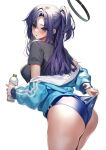  1girl :o absurdres adjusting_buruma adjusting_clothes ass black_shirt blue_archive blue_buruma blue_eyes blue_jacket blush bottle breasts buruma halo highres holding holding_bottle jacket large_breasts off_shoulder official_alternate_costume ponytail purple_hair shirt solo star_(symbol) star_sticker sticker_on_face sweat thighs track_jacket water_bottle yamanokami_eaka yuuka_(blue_archive) yuuka_(track)_(blue_archive) 