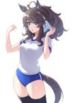  1girl ahoge animal_ears black_hair black_thighhighs blue_buruma blue_eyes breasts buruma commentary cowboy_shot daring_tact_(umamusume) gym_shirt gym_uniform hair_ribbon highres horse_ears horse_girl horse_tail long_hair looking_at_viewer medium_breasts multicolored_hair original_race_uniform_(umamusume) pataneet puffy_short_sleeves puffy_sleeves ribbon shirt short_sleeves sidelocks simple_background solo streaked_hair t-shirt tail thighhighs umamusume white_background white_hair white_shirt 