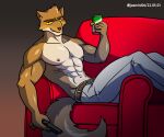  6:5 abs absurd_res alkan anthro bottomwear canid canine canis clothed clothing dreamworks furniture hi_res male mammal mr._wolf_(the_bad_guys) muscular muscular_anthro muscular_male nipples on_sofa pants pants_only sitting sitting_on_sofa sofa solo the_bad_guys topless topless_anthro topless_male wolf 