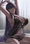  1girl ahoge armpits arms_up bare_arms bare_shoulders black_hair blue_archive blush breasts cleavage closed_mouth dark-skinned_female dark_skin halo highres karin_(blue_archive) large_breasts long_hair looking_at_viewer moisture_(chichi) purple_halo smile solo thighs very_long_hair yellow_eyes 